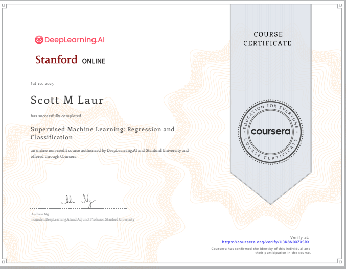 Supervised Machine Learning certificate